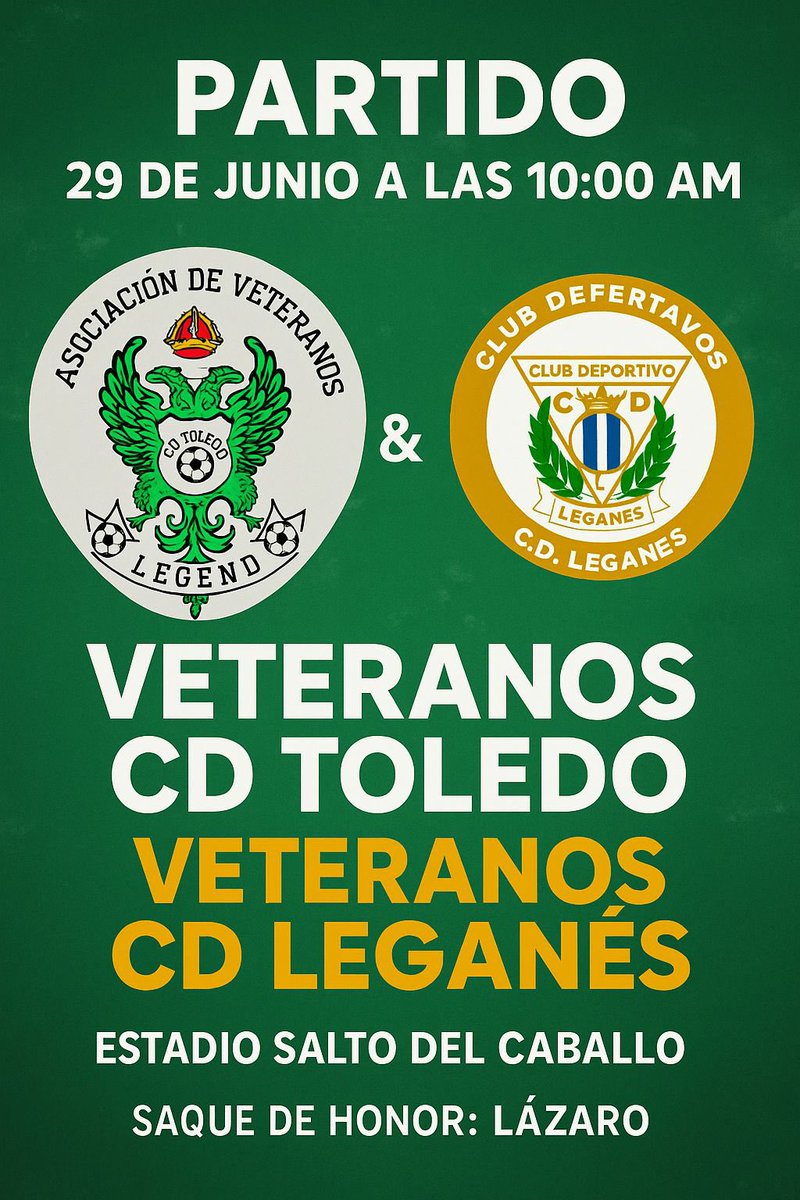 ⚽️ Este domingo tenemos PARTIDAZO en el Salto del Caballo y nos enfrentaremos a un super equipo como es el <a href="/veteranoleganes/">@Veteranos Futbol C.D.Leganes</a> . Donde tendremos el privilegio de contar con nuestro querido Lázaro, que realizará el saque de honor, será una mañana espectacular de fútbol 🟢⚪️🦅