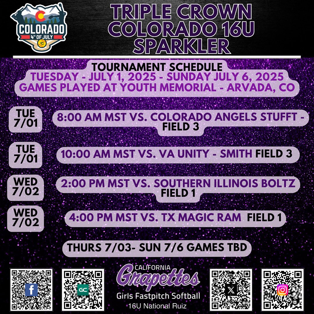 Grapettes 16U National - Ruiz (@grapettes_ruiz) on Twitter photo Excited to head out to Colorado on Sunday to compete with some of the best teams at the Colorado Sparkler! Here is our game schedule with some games TBD later in the week. Let’s go GRAPES! 🍇🥎 <a href="/COSparkFire/">CO 4th of July</a> <a href="/triplecrownspts/">Triple Crown Sports</a> <a href="/ElisaAngel_2027/">Elisa Angel</a> <a href="/BellowMalia_21/">Malia Bellow 2028</a> <a href="/GraceOrozco2027/">Grace Orozco 2027</a> Excited to head out to Colorado on Sunday to compete with some of the best teams at the Colorado Sparkler! Here is our game schedule with some games TBD later in the week. Let’s go GRAPES! 🍇🥎 <a href="/COSparkFire/">CO 4th of July</a> <a href="/triplecrownspts/">Triple Crown Sports</a> <a href="/ElisaAngel_2027/">Elisa Angel</a> <a href="/BellowMalia_21/">Malia Bellow 2028</a> <a href="/GraceOrozco2027/">Grace Orozco 2027</a>