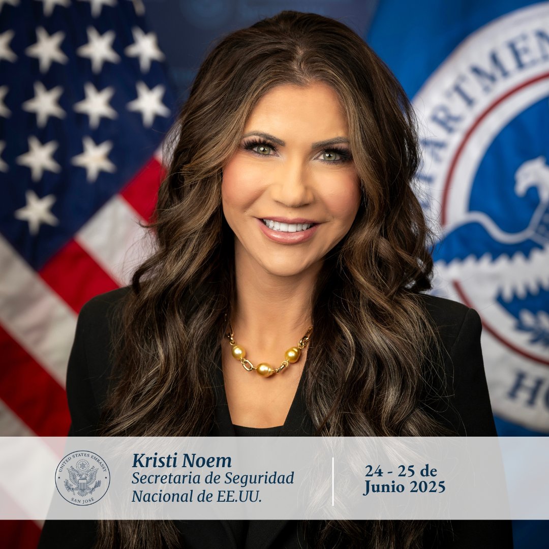 usembassysjo's tweet photo. 🇺🇸🤝🇨🇷Hoy llega a Costa Rica la Secretaria de Seguridad Nacional de EE. UU., Kristi Noem. Su visita resalta nuestra cooperación en seguridad fronteriza, lucha contra el narcotráfico y freno a la inmigración ilegal. Verá de primera mano la fuerza de nuestra colaboración. @DHSgov https://t.co/h25N9t8m5U