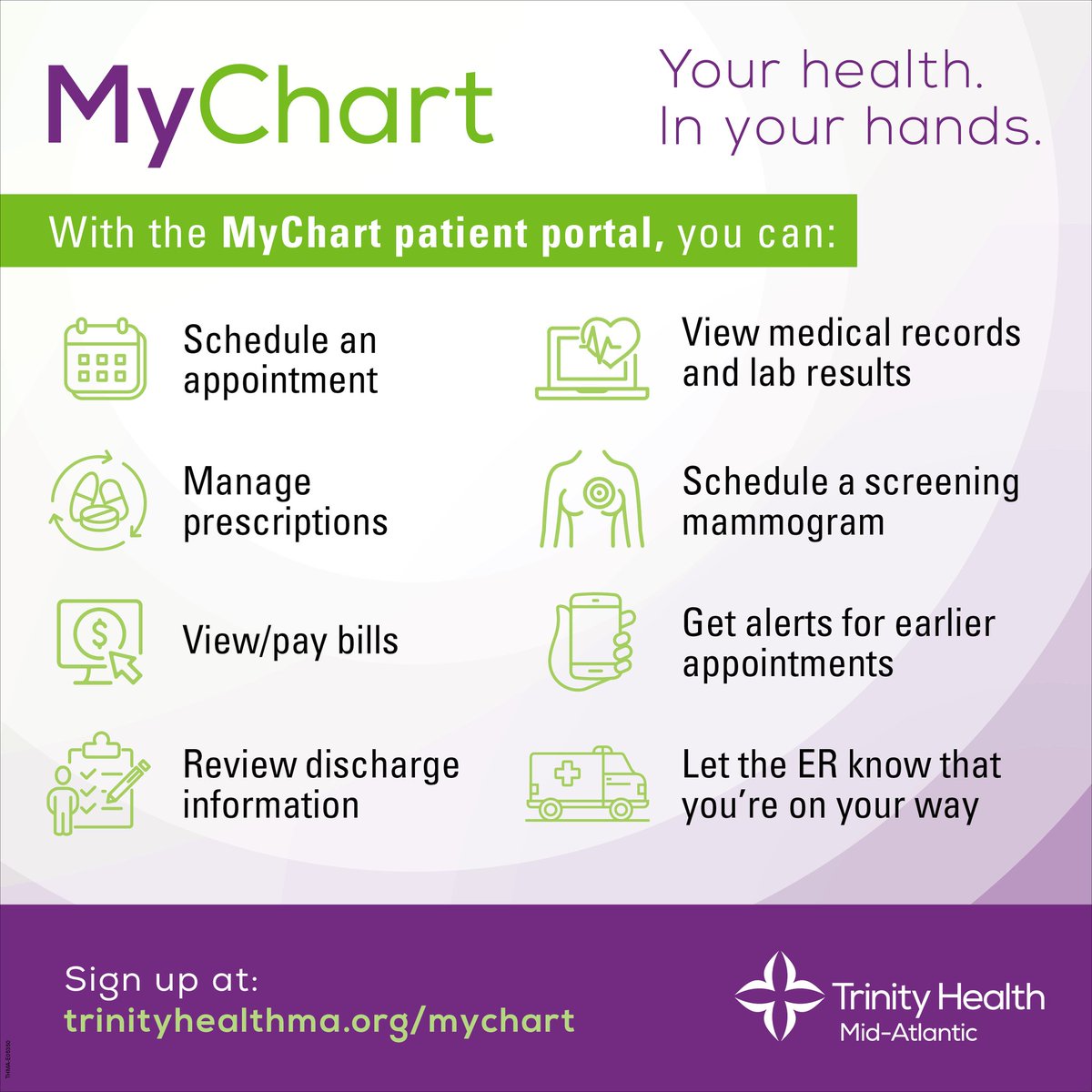 #MyChart puts your health, in your hands. Medical records, lab results &amp; Rxs are available 24/7. Schedule an appt, a mammogram or let us know you’re on the way to the ER. Also, opt in to #FastPass to be alerted of earlier appts. Sign up today: trinityhealthma.org/mychart
