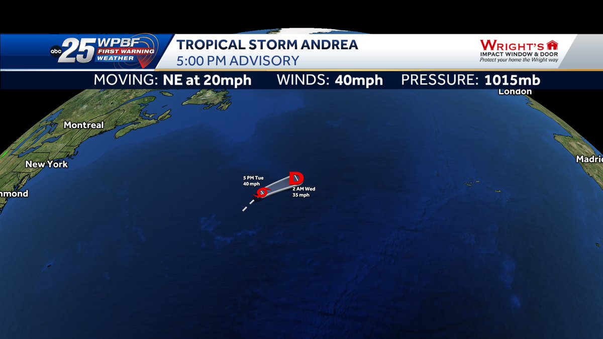 Tropical Storm Andrea continues to head northeast into the North Atlantic.  Andrea continues to a loss of convection and is expected to just become a remnant area of low pressure overnight tonight.
In the Tropics