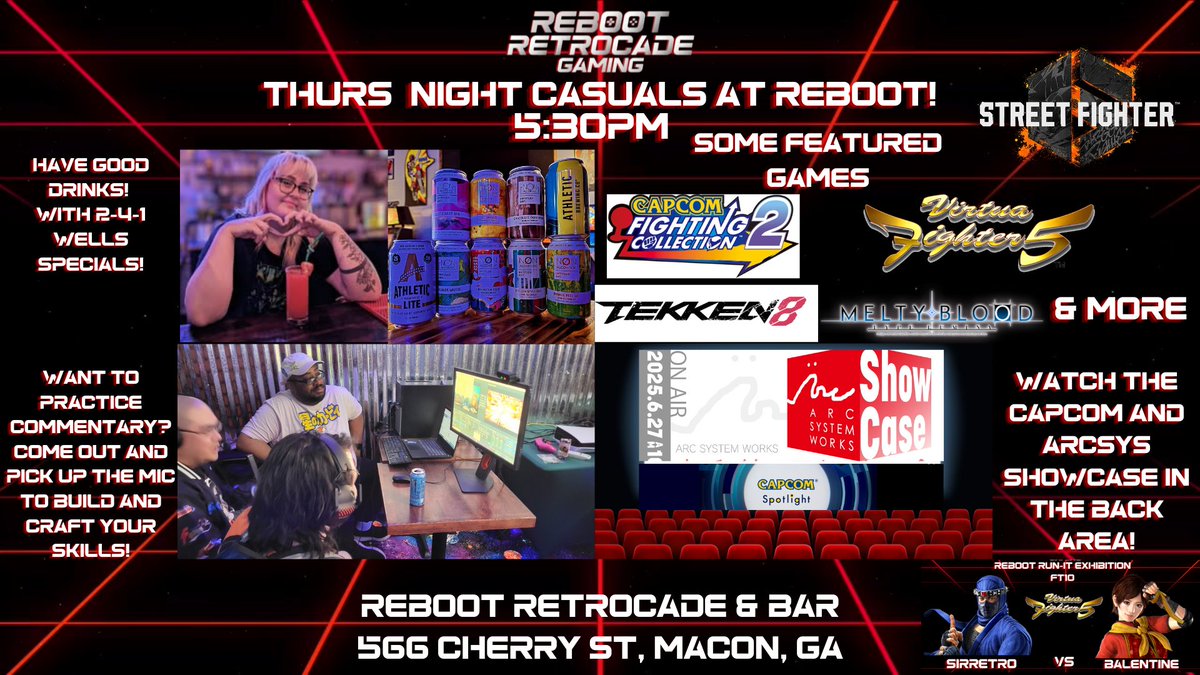 Reboot Retrocade Gaming (@reboot_gaming) on Twitter photo We have our usual Thurs Night Casuals at Reboot at 5:30pm tonight. Come practice in games, commentary and try out some drink specials! In addition, we'll have a FT10 VF5 Reboot Run-It between SirRetro and Balentine and broadcasting the <a href="/CapcomUSA_/">Capcom USA</a> <a href="/ArcSystemWorksU/">Arc System Works America</a> showcases! We have our usual Thurs Night Casuals at Reboot at 5:30pm tonight. Come practice in games, commentary and try out some drink specials! In addition, we'll have a FT10 VF5 Reboot Run-It between SirRetro and Balentine and broadcasting the <a href="/CapcomUSA_/">Capcom USA</a> <a href="/ArcSystemWorksU/">Arc System Works America</a> showcases!