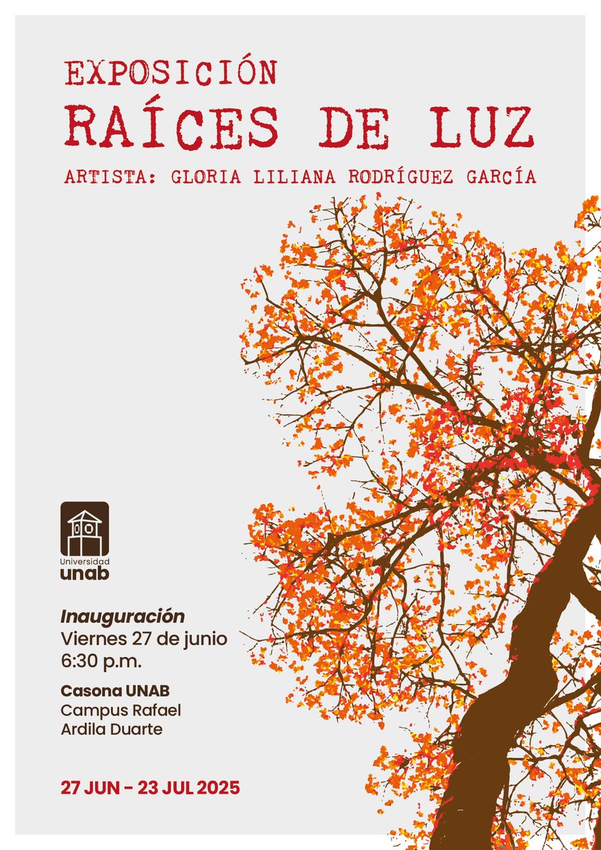 Ulibro (@ulibro) on Twitter photo 🌳 Raíces de Luz es la exposición de Gloria Liliana Rodríguez García, artista santandereana que conecta memoria, territorio y naturaleza a través de instalaciones cargadas de poesía y reflexión🖼️.
📍 Casona <a href="/unab_online/">Universidad UNAB</a>
📆 Abierta desde el 27 de junio hasta el 23 de julio. 🌳 Raíces de Luz es la exposición de Gloria Liliana Rodríguez García, artista santandereana que conecta memoria, territorio y naturaleza a través de instalaciones cargadas de poesía y reflexión🖼️.
📍 Casona <a href="/unab_online/">Universidad UNAB</a>
📆 Abierta desde el 27 de junio hasta el 23 de julio.