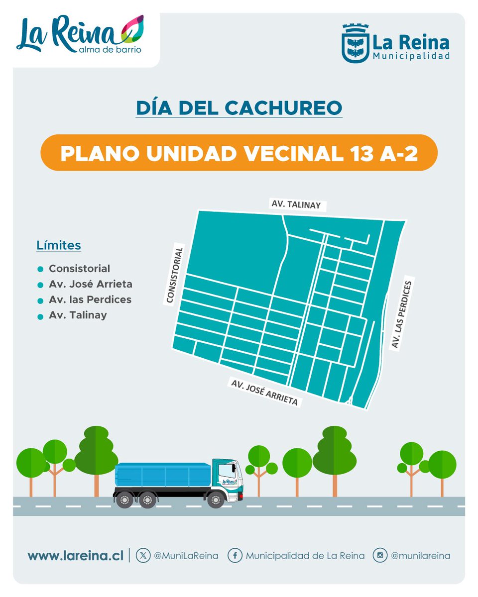 ¡DÍA DEL CACHUREO! 🚛♻️ 

El sábado tendremos una nueva jornada de este valioso servicio. 

Seguimos avanzando Villa La Reina y alrededores, comenzando en la zona que comprende Av. Talinay, Las Perdices, José Arrieta y Consistorial. 

¡No se lo pierdan! 👍🏻