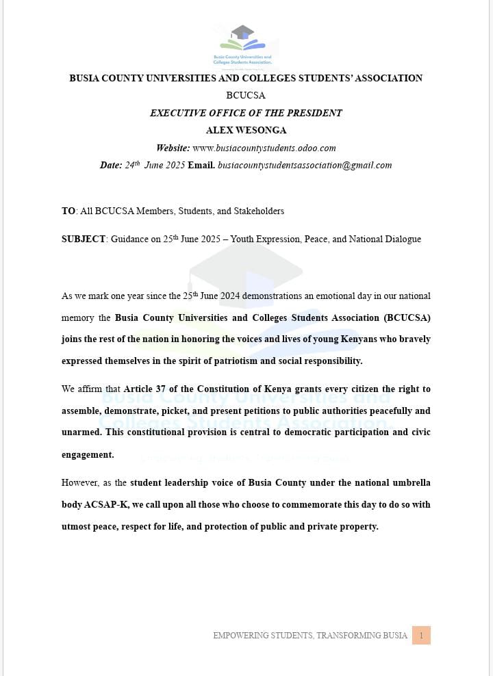 FOR IMMEDIATE RELEASE 
BCUCSA STANCE ON GEN Z PROTESTS 25TH JUNE 2025
1/2