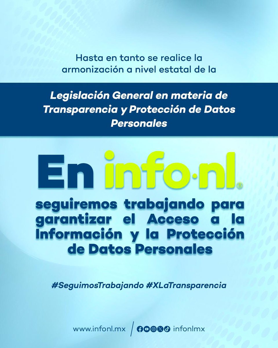 👥 En el <a href="/INFONLMX/">INFONL</a> no bajamos la guardia 🙌
📌 Seguimos garantizando tu derecho a saber y la protección de tus datos personales 💡🔐

💬 La transparencia no se detiene.

#XLaTransparencia #SeguimosTrabajando #INFONL 💙✨