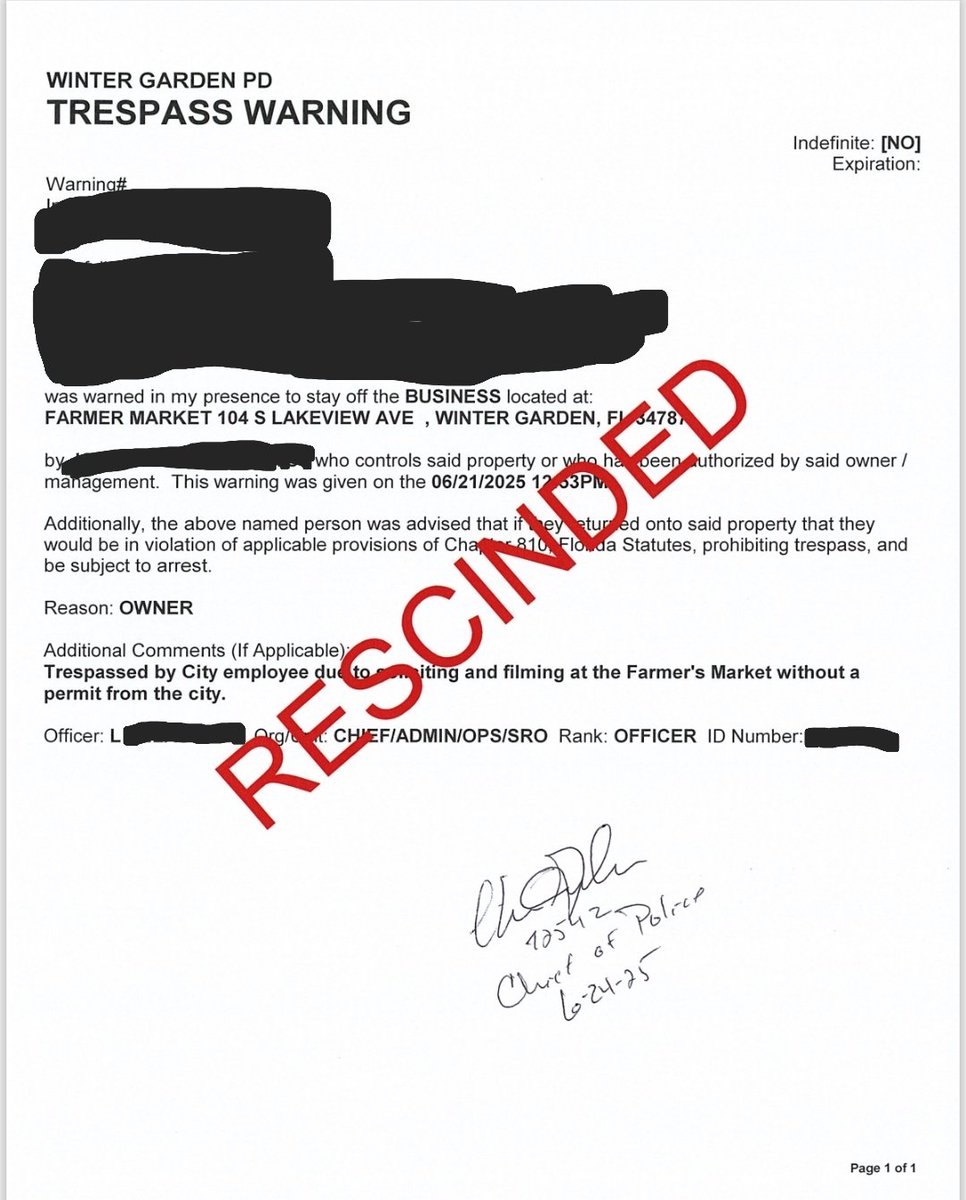 UPDATE: I just got off the phone with the City of Winter Garden and Chief of Police. They apologized profusely for what happened, rescinded my trespass, and said I'm welcome back any time. Another victory for free speech! I commend the Chief and city for reaching out to me.