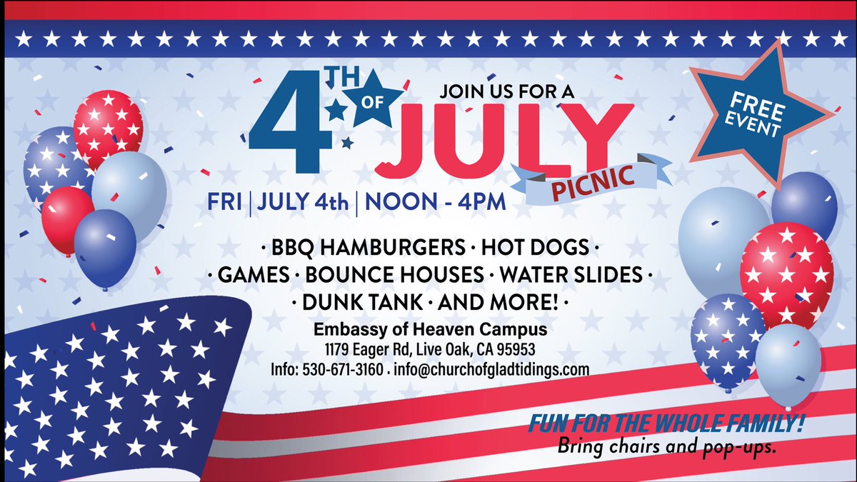 4th of July Community Picnic!

Join us for a FREE family-friendly 4th of July Picnic on Friday, July 4th from Noon to 4 PM at the Embassy of Heaven Campus! Enjoy BBQ, hot dogs, games, bounce houses, water slides, a dunk tank, and so much more! Don’t forget to bring chairs and