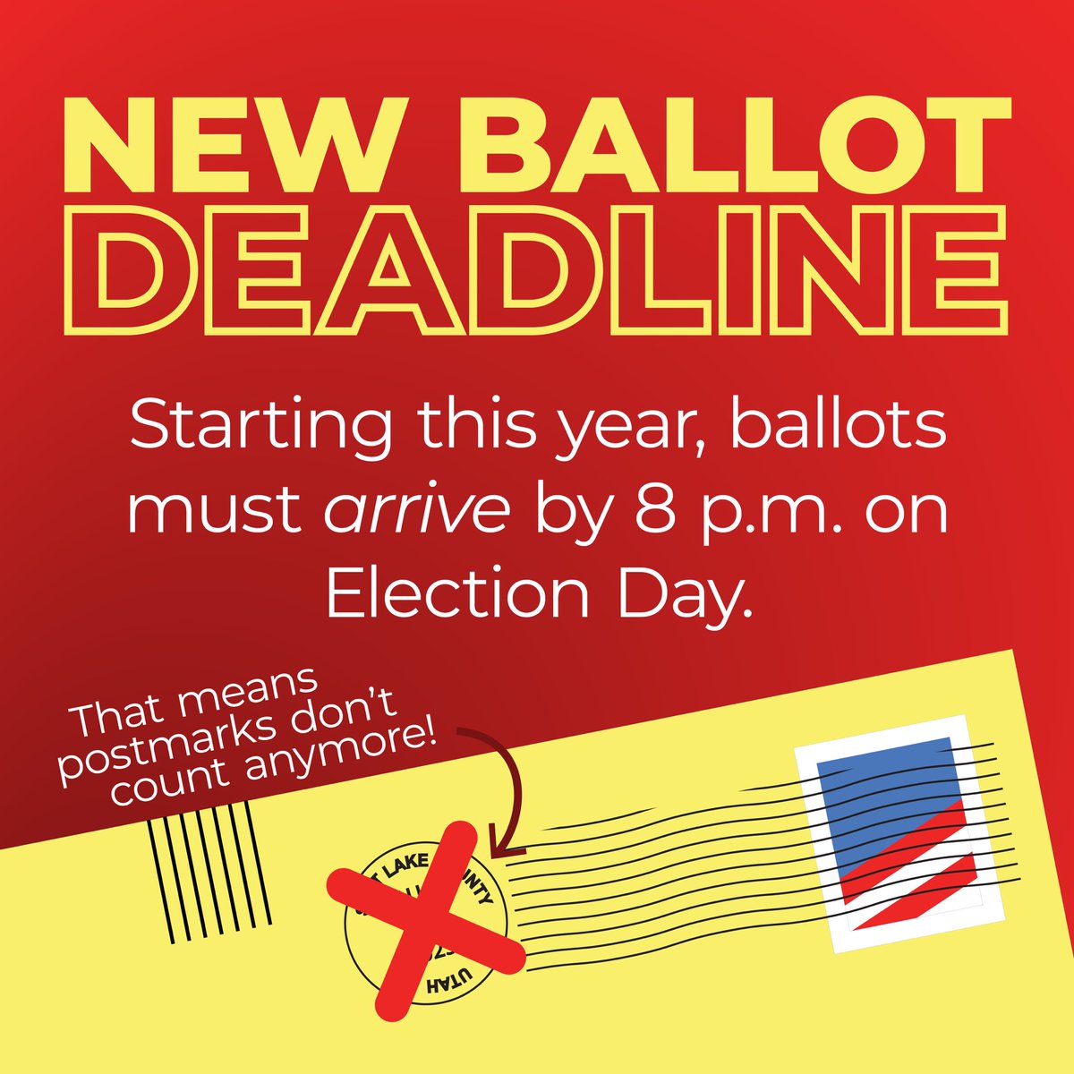 VoteSLCo's tweet image. Heads up, Salt Lake County voters! A new law means starting this year, ballots must now be received by the clerk's office by 8:00 p.m. on Election Day to be counted - postmarks no longer count.