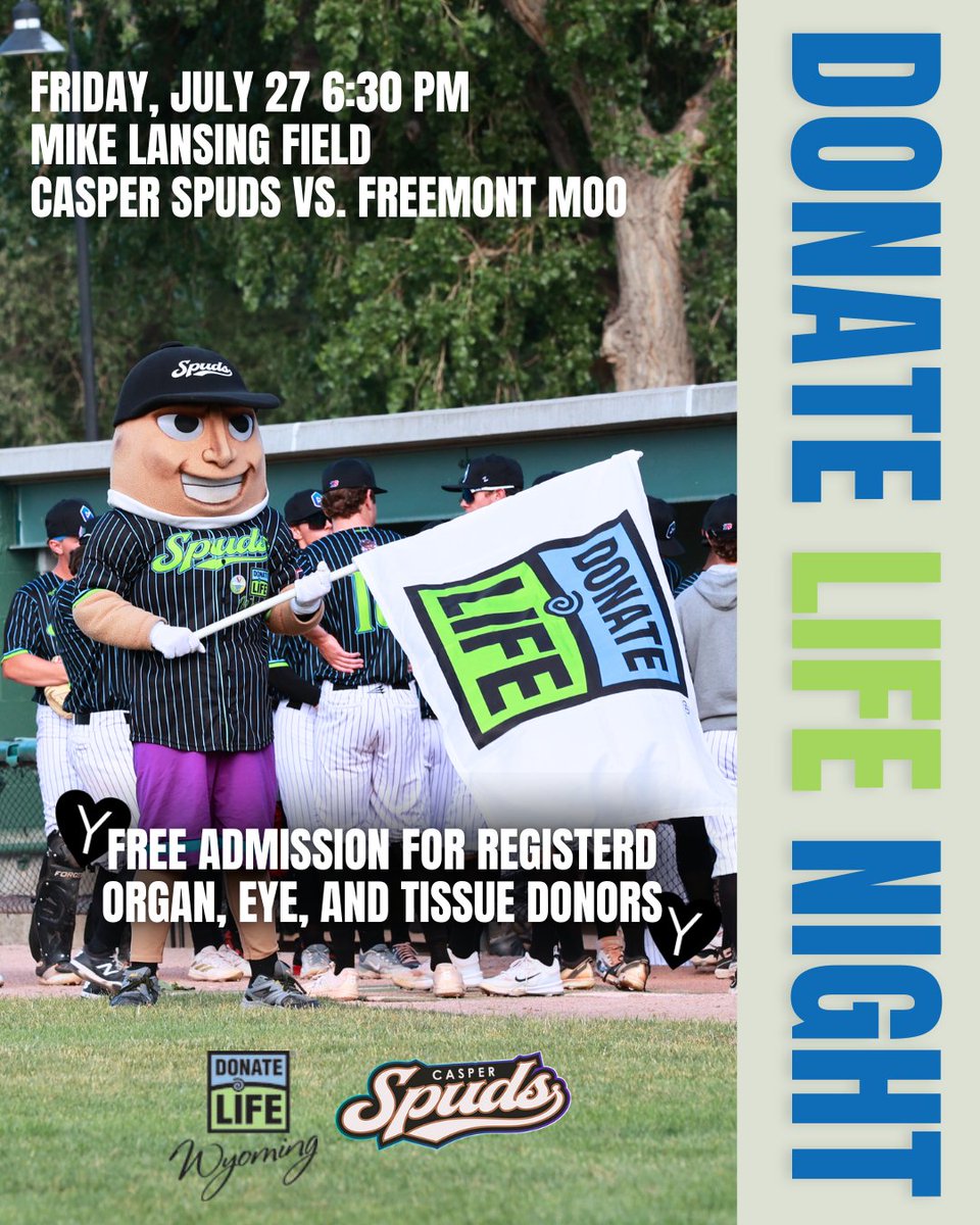 This Friday the Casper Spuds play in support of organ, eye &amp; tissue donation! Gates open 5:30pm at Mike Lansing Field 💙 Free entry when you flash that little heart on your license 💚