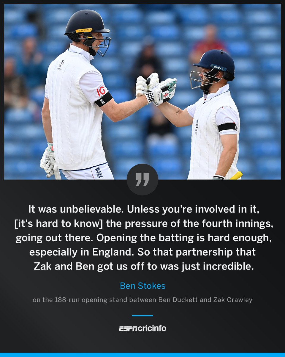 cricinfo's tweet photo. Ben Stokes hails the 'incredible' 188-run opening stand between Ben Duckett and Zak Crawley that set up another monumental chase 🙌 https://t.co/77yXOUGEo9