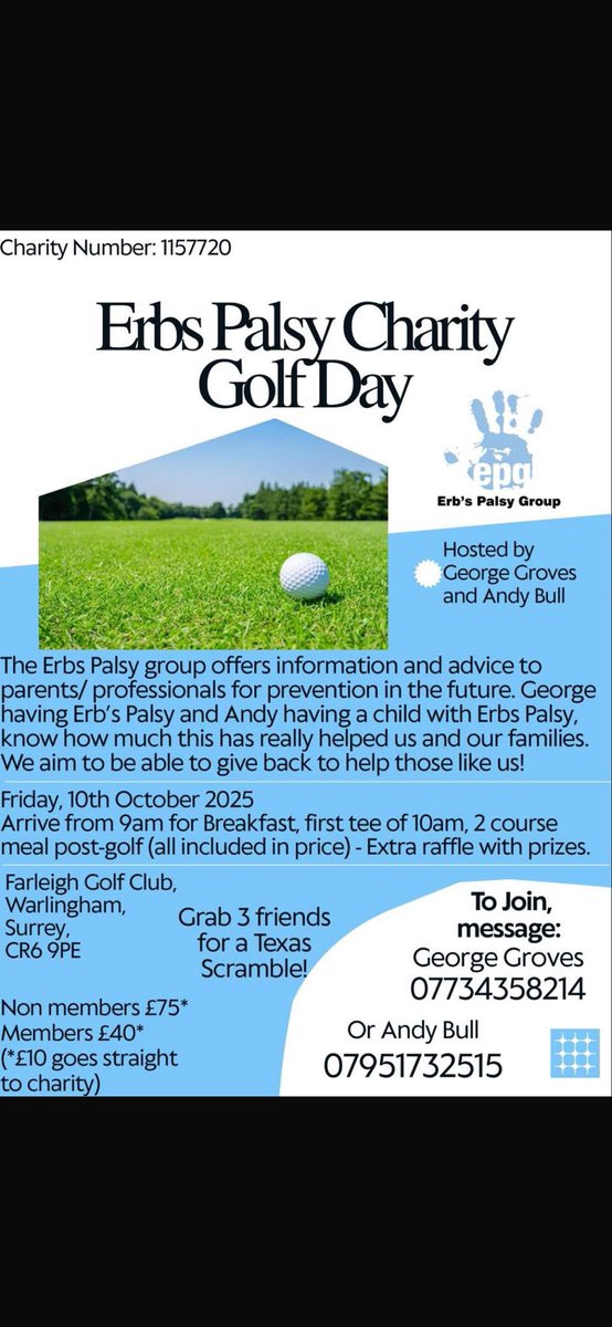 Some of our wonderful members will be hosting another #golf day to support our #charity #erbspalsy group 

📅 Friday 10th October 2025
🕰️ 9am 
📍 Farleigh golf club, Surrey 
☎️ If you would like to sign up to join us please send George or Andy a message on the numbers below
