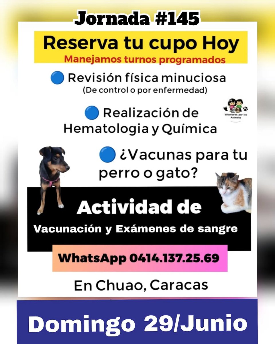 Este domingo 29/Junio tenemos cita con el amor y el cuidado 🐾💉💞 Asiste a nuestra Actividad de Vacunación Nro. 145 en Caracas. 

Vacuna a tu perrito o gatico y hazle sus exámenes con precios accesibles 🐶🐱
Reservas de cupos por WhatsApp 0414.137.25.69 📲