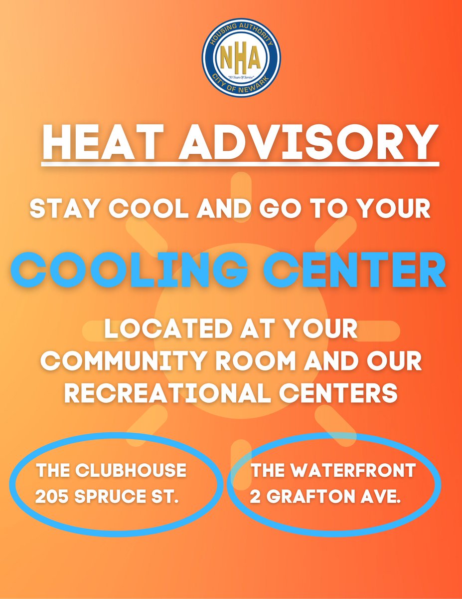 NewarkPHA's tweet photo. CODE RED: Extreme heat is expected through Thursday, June 26.

NHA cooling centers are open to support residents. @CityofNewarkNJ &amp; @essexcounty centers are also available.

Info:

Newark: https://t.co/MwDmM5ppC1
Essex: https://t.co/axiJadKQ7L

Let’s stay cool together, Newark. https://t.co/uucjUOcGUE