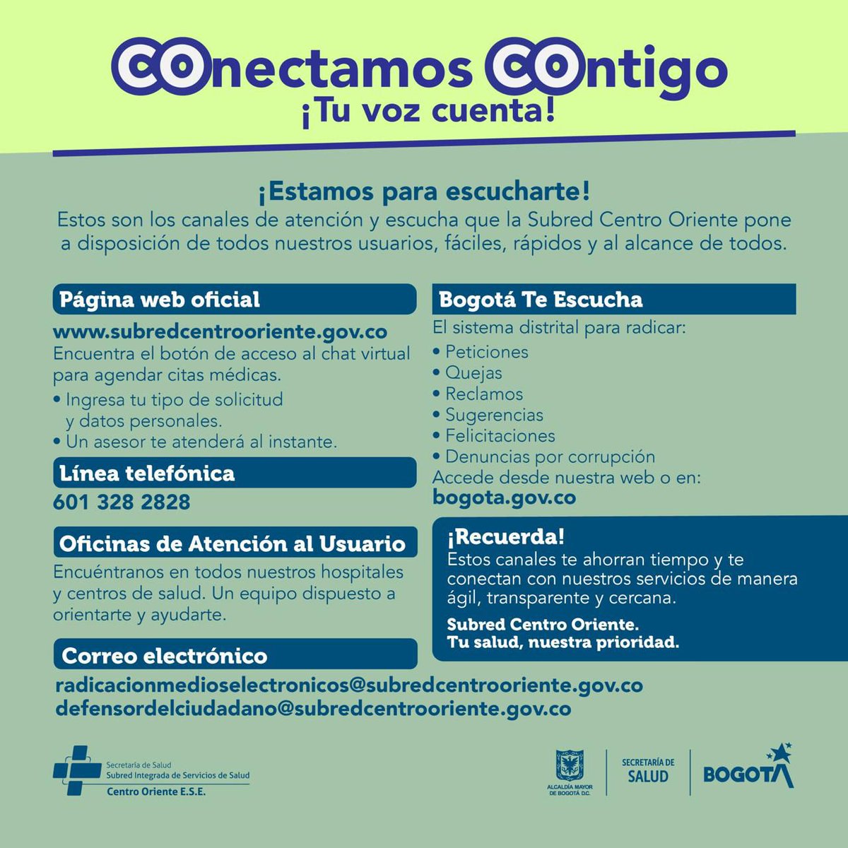 Subred Centro Oriente E.S.E (@subredcentroori) on Twitter photo 📣 ¡Tu voz cuenta!
La Subred Centro Oriente te escucha 👂
📲 subredcentrooriente.gov.co
📞 601 328 2828
📧 defensorciudadano@subredcentrooriente.gov.co
🏥 Centros y hospitales
#ConectamosContigo #SubredCentroOriente #TuVozCuenta 📣 ¡Tu voz cuenta!
La Subred Centro Oriente te escucha 👂
📲 subredcentrooriente.gov.co
📞 601 328 2828
📧 defensorciudadano@subredcentrooriente.gov.co
🏥 Centros y hospitales
#ConectamosContigo #SubredCentroOriente #TuVozCuenta