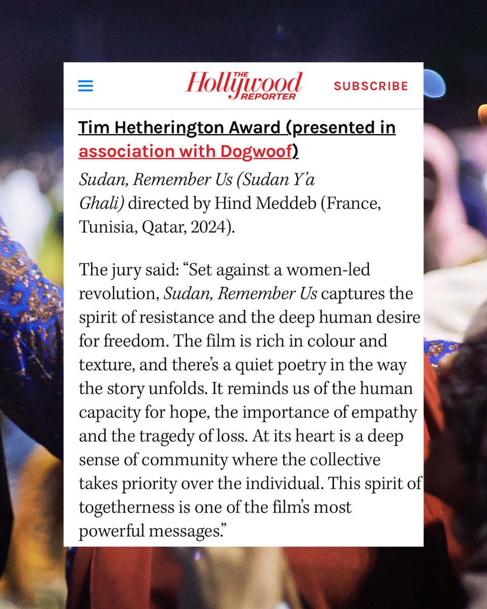 Watermelon Pictures (@watermelon_pics) on Twitter photo Congratulations to <a href="/HindMeddeb/">Hind Meddeb</a> and the entire Sudan, Remember Us team on winning the Tom Hetherington Award at <a href="/sheffdocfest/">Sheffield DocFest</a>! Well deserved! #SudanRememberUs is coming soon to cinemas across the US. Join our email newsletter for updates! Congratulations to <a href="/HindMeddeb/">Hind Meddeb</a> and the entire Sudan, Remember Us team on winning the Tom Hetherington Award at <a href="/sheffdocfest/">Sheffield DocFest</a>! Well deserved! #SudanRememberUs is coming soon to cinemas across the US. Join our email newsletter for updates!
