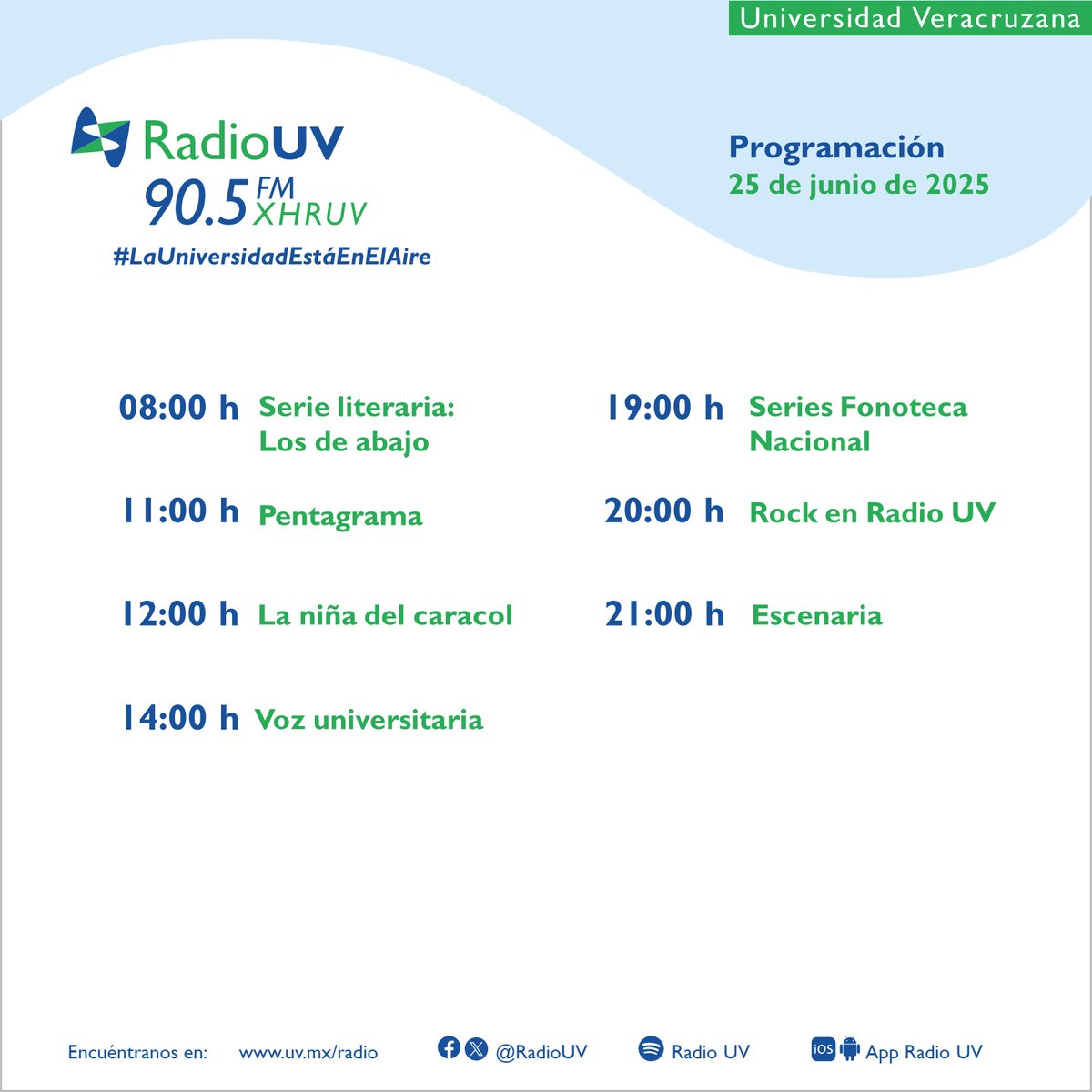 ¡Acompáñanos este miércoles en #RadioUV! 📻
Conoce la programación que sonará durante el día y escucha tus contenidos preferidos. 

👉🏻 90.5 FM | En línea: bit.ly/radiouvenlinea | App Radio UV