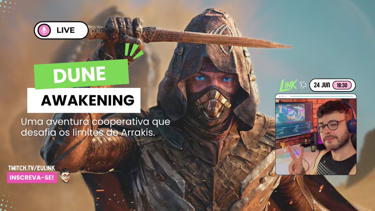 🌌 Arrakis nos espera! 🌠
Prepare-se para desbravar as dunas e sobreviver às tempestades de areia em Dune: Awakening! ⚔️💎
🎮 LIVE hoje
🕗 18h30
📍 twitch.tv/eulink

Participação especial <a href="/o_chinchila/">Chinchila</a> 

Junte-se à luta pelo Spice! 🏜️
#DuneAwakening #TwitchBR <a href="/Funcom/">Funcom</a>