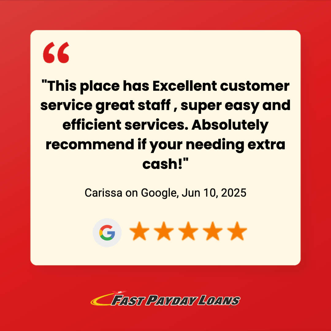🌟 Thanks for the great review, Carissa! ❤️ We're happy to help with your financial needs. Fast Payday Loans, Inc. provides quick &amp; friendly service! 💸😍 Check out our hassle-free loans! ➡️ FastPaydayLoansFloridaInc.com 

#CashAdvance #GoogleReviews #FastPaydayLoansFL