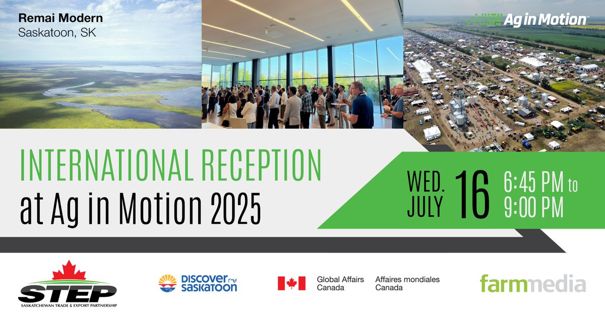 STEP (@sasktrade) on Twitter photo ✨ You're Invited!
STEP, <a href="/Saskatooning/">Discover Saskatoon</a>, <a href="/GAC_Corporate/">Global Affairs Canada</a>, & Glacier Farm Media invite you to an Intl. Reception celebrating <a href="/AginMotion/">Ag in Motion</a> 🚜🌾
Come as you are after the show for an evening of global connections & prairie hospitality!
RSVP by July 10 👉 ow.ly/Urt950WfL8R ✨ You're Invited!
STEP, <a href="/Saskatooning/">Discover Saskatoon</a>, <a href="/GAC_Corporate/">Global Affairs Canada</a>, & Glacier Farm Media invite you to an Intl. Reception celebrating <a href="/AginMotion/">Ag in Motion</a> 🚜🌾
Come as you are after the show for an evening of global connections & prairie hospitality!
RSVP by July 10 👉 ow.ly/Urt950WfL8R