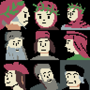 Prática pixel art 24/06:

Hoje eu fiz uns retratos em uma tabela 96x96. Eu tô lendo um livro sobre a renascença, então eu fiz alguns artistas dessa época.

#pixelart #aseprite