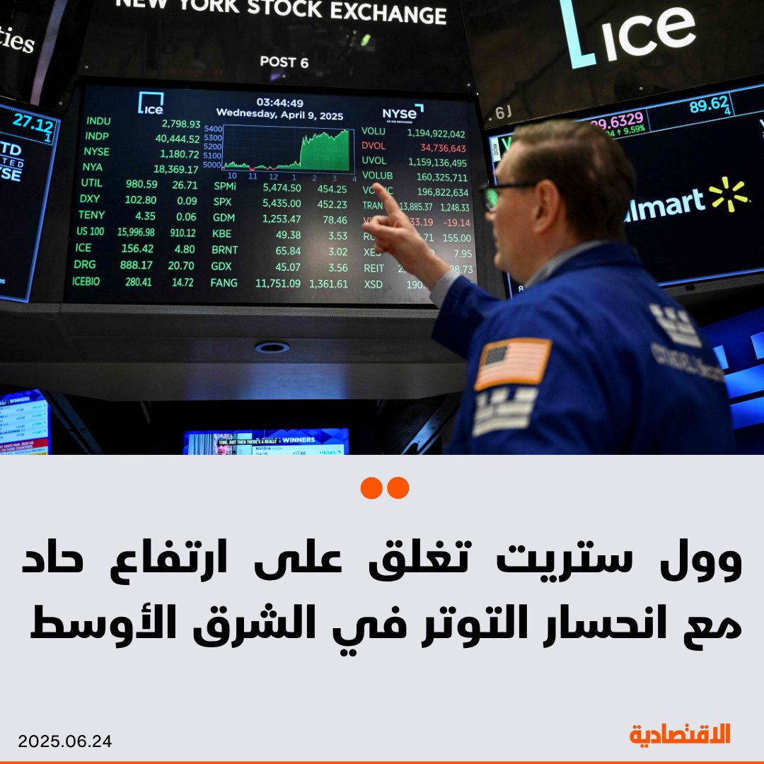 ارتفعت #الأسهم_الأمريكية أكثر من 1% اليوم بعد الاتفاق على وقف إطلاق النار بين إسرائيل وإيران، ووسط تقييم شهادة رئيس #الفيدرالي جيروم باول أمام الكونجرس بحثا عن مؤشرات على مسار أسعار #الفائدة

🟠ارتفع مؤشر ستاندرد آند بورز 500 بنسبة 1.12%

🟠قفز #ناسداك المجمع 1.45%

🟠صعد