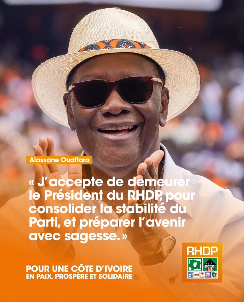 AOuattara_PRCI's tweet image. J’accepte de demeurer le Président du RHDP pour consolider la stabilité du Parti et préparer l’avenir avec sagesse.