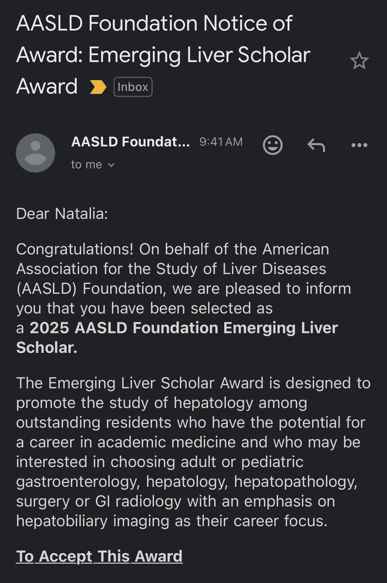 Natalia Salinas, MD (@nsalinasmd) on Twitter photo Incredibly honored and thrilled to receive a 2025 <a href="/AASLDFoundation/">AASLD Foundation</a> Emerging Liver Scholar Award! ✨
Thank you to my mentor <a href="/nadimmahmud/">Nadim Mahmud</a> for his support and encouragement. Very grateful for him and my other hepatology mentors that have inspired me <a href="/penngihep/">@PennGIHep</a> <a href="/PennIMResidents/">University of Penn IM Residency Program</a> Incredibly honored and thrilled to receive a 2025 <a href="/AASLDFoundation/">AASLD Foundation</a> Emerging Liver Scholar Award! ✨
Thank you to my mentor <a href="/nadimmahmud/">Nadim Mahmud</a> for his support and encouragement. Very grateful for him and my other hepatology mentors that have inspired me <a href="/penngihep/">@PennGIHep</a> <a href="/PennIMResidents/">University of Penn IM Residency Program</a>