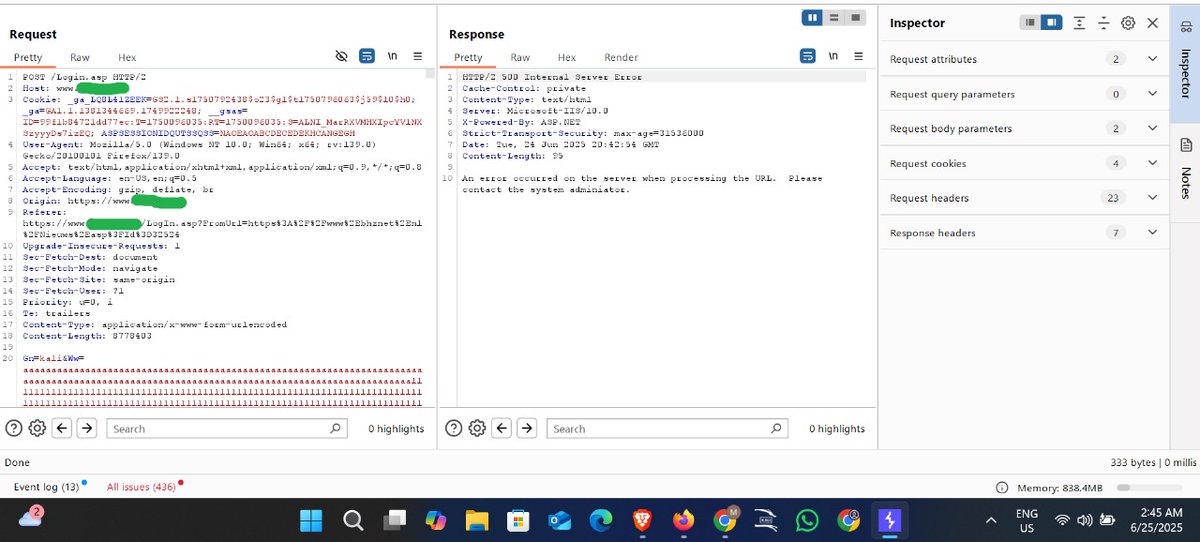 Jakirpentest's tweet image. Found a login endpoint that throws 500 Internal Server Error when a long password is submitted. Repeated requests slow the server down to 3–4s response time. Possible DoS via input overload.

#BugBounty #DoS #WebSecurity #OpenBugBounty