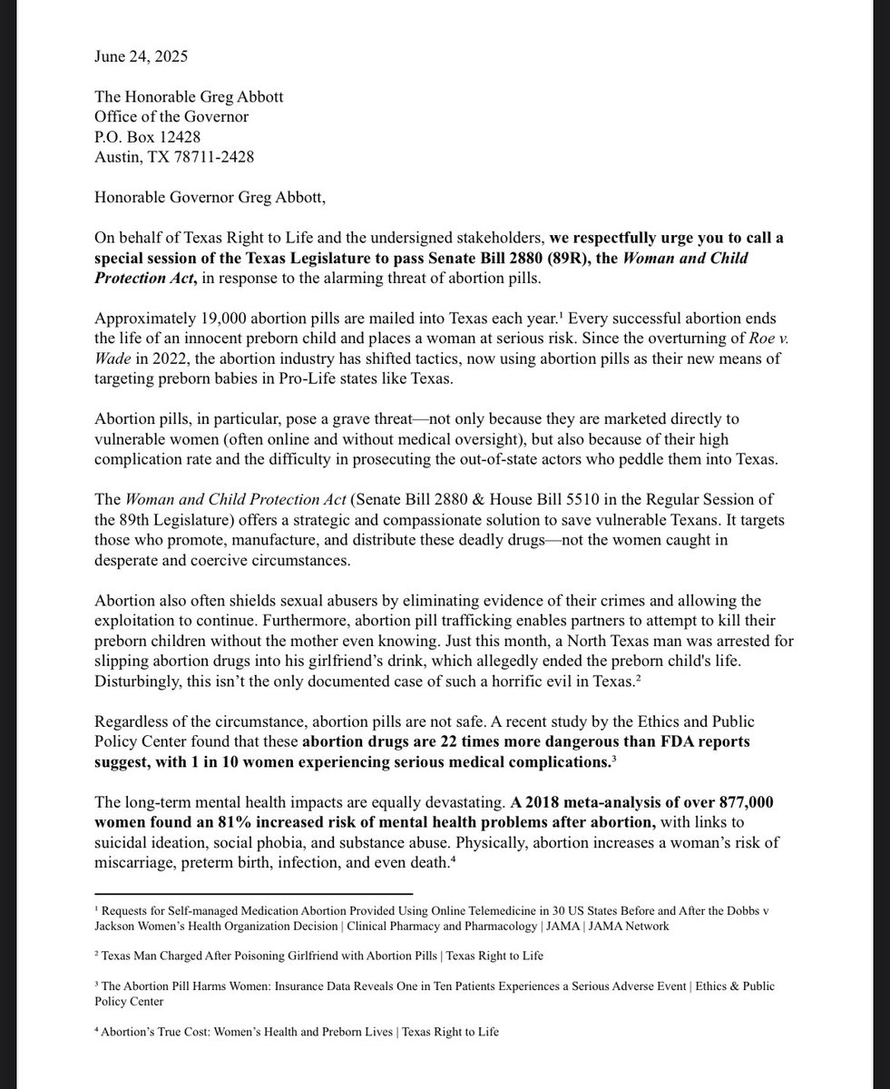 MaryEliseOBar's tweet image. The prospect of 89(1) including legislation such as SB 2880, cracking down on chemical abortion pills in Texas, is gaining traction. Check out the list of legislators, organizations requesting @GregAbbott_TX do so: