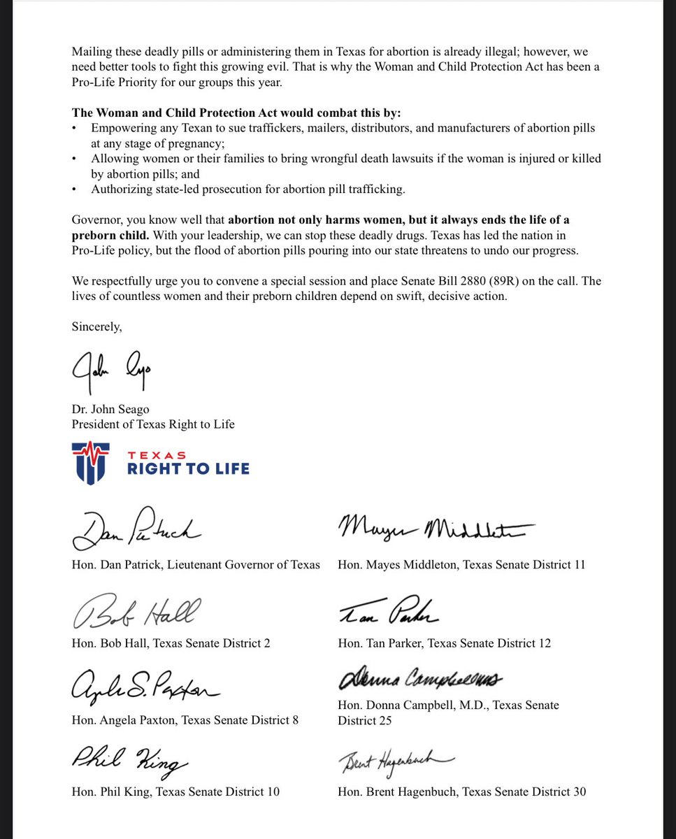 MaryEliseOBar's tweet image. The prospect of 89(1) including legislation such as SB 2880, cracking down on chemical abortion pills in Texas, is gaining traction. Check out the list of legislators, organizations requesting @GregAbbott_TX do so: