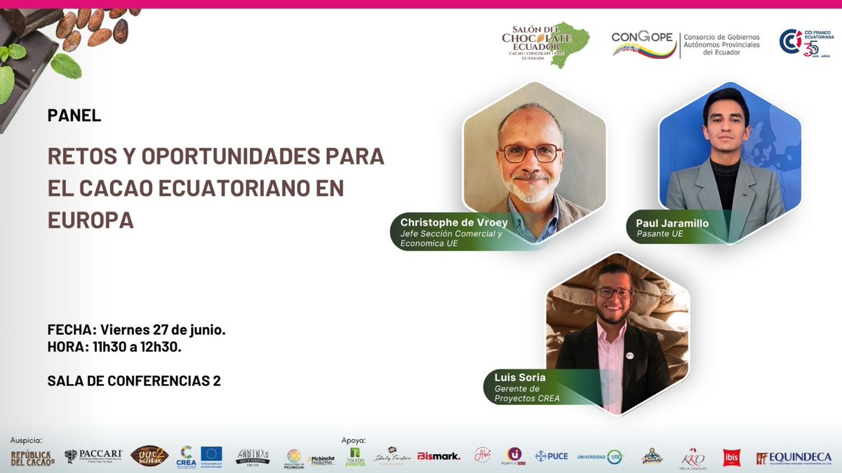 ✨ ¡El cacao ecuatoriano se abre camino en Europa! 🌍🍫

¿Quieres conocer de primera mano los retos y oportunidades que enfrentan nuestros cacaoteros y chocolateros en el exigente mercado europeo? Entonces no te pierdas esta conferencia en el marco del Salón del Chocolate Ecuador