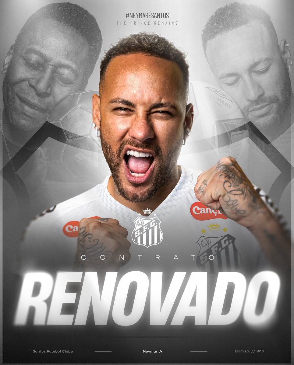 🇧🇷 Neymar renueva con 𝗦𝗮𝗻𝘁𝗼𝘀 🖊️⚽

El club paulista anunció la extensión del contrato de 𝗡𝗲𝘆𝗺𝗮𝗿 𝗝𝗿. hasta diciembre del 2025. El ídolo vuelve a comprometerse con el club que lo vio nacer futbolísticamente.

📸 <a href="/SantosFC/">Santos FC</a>