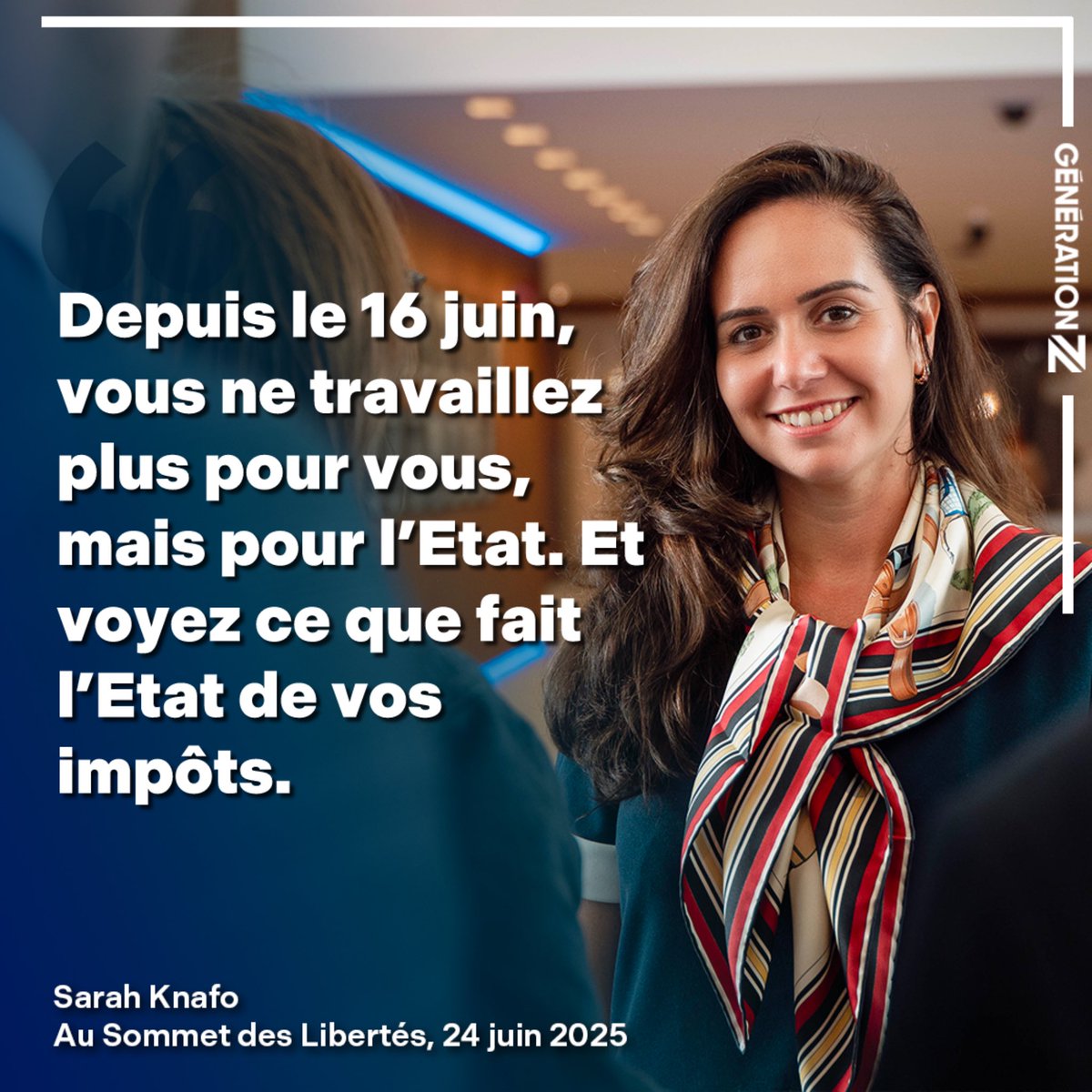 GÉNÉRATION ZEMMOUR (@genzemmour) on Twitter photo Depuis le 16 juin, vous ne travaillez plus pour vous, mais pour l’Etat. Et voyez ce que fait l’Etat de vos impôts.
<a href="/knafo_sarah/">Sarah Knafo</a> au #SommetDesLibertes Depuis le 16 juin, vous ne travaillez plus pour vous, mais pour l’Etat. Et voyez ce que fait l’Etat de vos impôts.
<a href="/knafo_sarah/">Sarah Knafo</a> au #SommetDesLibertes