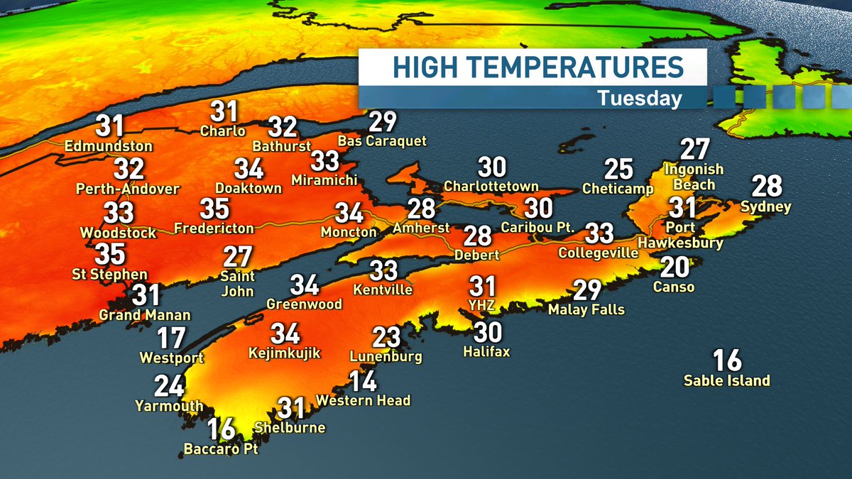 ryansnoddon's tweet image. Sizzling in the Maritimes today!
Hot spot: St. Stephen, NB at 36.0° & Humidex: 45
New daily records in Fredericton, Moncton, St. Stephen & Kejimkujik.
-Tied for 2nd warmest all-time at Keji
-4th warmest all-time at St. Stephen
-Tied for 8th warmest all-time at Grand Manan
