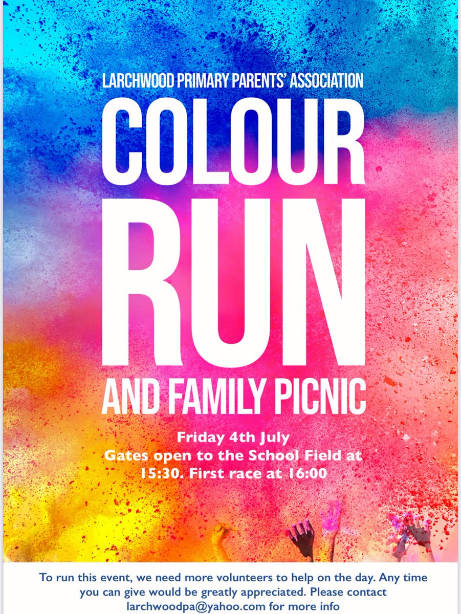 👟🎨 Get ready for a burst of colour and fun!
Our School Colour Run &amp; Family BBQ is happening Friday 4th July, 3:30–7PM — straight after school!
A fantastic family event full of laughter, colour, and community spirit. 😃🌈
<a href="/LarchwoodPS/">Larchwood Primary</a>