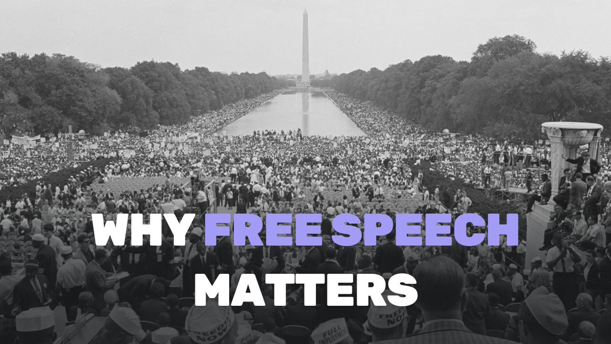 A black-and-white historical photograph shows a massive crowd gathered on the National Mall in front of the Washington Monument, overlaid with the text 'WHY FREE SPEECH MATTERS'.