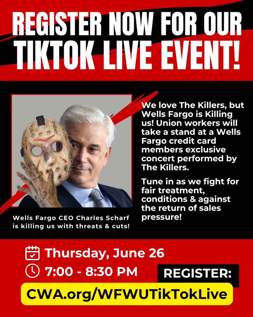 ForBetterBanks's tweet image. Union workers will take a stand at a Wells Fargo credit card members exclusive concert performed by The Killers! 🎸 Tune in on Tiktok Live as we fight for fair treatment, conditions and against the return of sales pressure.
🗓️ Thu. Jun 26
🕖 7-8:30 PM
🔗 CWA.org/WFWUTikTokLive