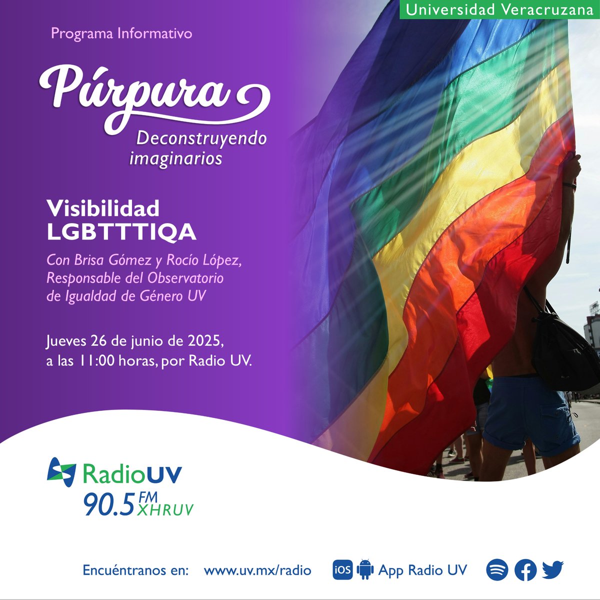 RadioUV's tweet photo. Conversemos sobre la visibilidad LGBTTTIQA en la comunidad universitaria. 🏳️‍🌈  No te pierdas la próxima emisión de #Púrpura donde nos acompañará la Dra. Rocío López, responsable del Observatorio de Igualdad de Género. 

📻 26 de junio | 11:00 horas | 90.5 FM https://t.co/wpPTg3k7TE