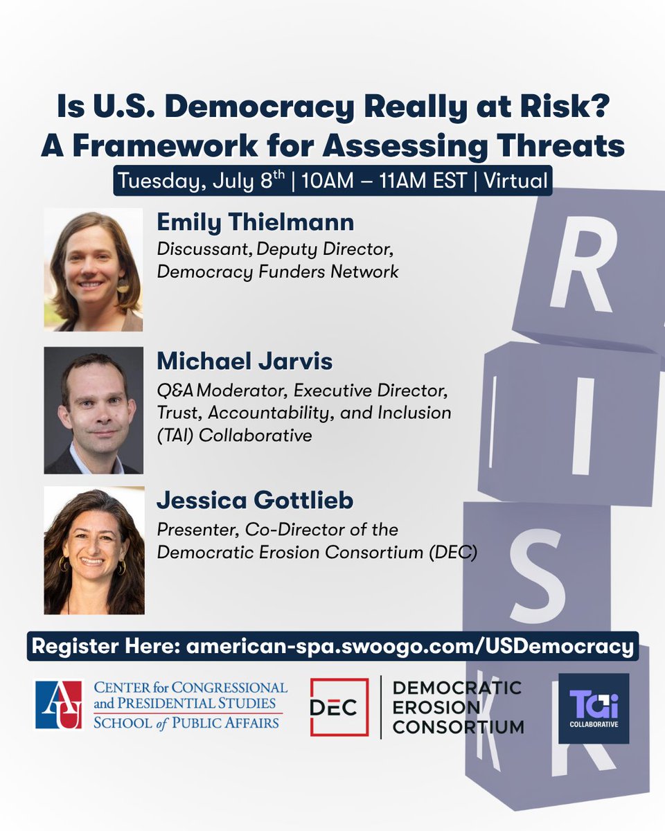 School of Public Affairs (@au_spa) on Twitter photo 🗳️ Is U.S. Democracy Really at Risk? Join SPA's Center for Congressional and Presidential Studies (CCPS), the <a href="/DemErosionDEC/">Democratic Erosion Consortium</a>, and the <a href="/TAICollab/">Trust, Accountability & Inclusion Collaborative</a> for a live webinar as experts share a framework for assessing threats to democracy.
🗓️ Tuesday, July 8 | 🕙 10–11 AM EST | 📍 Virtual 🗳️ Is U.S. Democracy Really at Risk? Join SPA's Center for Congressional and Presidential Studies (CCPS), the <a href="/DemErosionDEC/">Democratic Erosion Consortium</a>, and the <a href="/TAICollab/">Trust, Accountability & Inclusion Collaborative</a> for a live webinar as experts share a framework for assessing threats to democracy.
🗓️ Tuesday, July 8 | 🕙 10–11 AM EST | 📍 Virtual