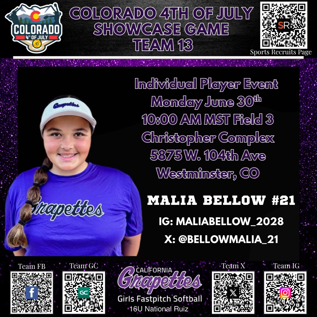 Malia Bellow 2028 (@bellowmalia_21) on Twitter photo Looking forward to pitching in the showcase game on Monday June 30th. Thank you to my coaches for nominating me. <a href="/Grapettes_Ruiz/">Grapettes 16U National - Ruiz</a> <a href="/COSparkFire/">CO 4th of July</a> <a href="/triplecrownspts/">Triple Crown Sports</a> Looking forward to pitching in the showcase game on Monday June 30th. Thank you to my coaches for nominating me. <a href="/Grapettes_Ruiz/">Grapettes 16U National - Ruiz</a> <a href="/COSparkFire/">CO 4th of July</a> <a href="/triplecrownspts/">Triple Crown Sports</a>