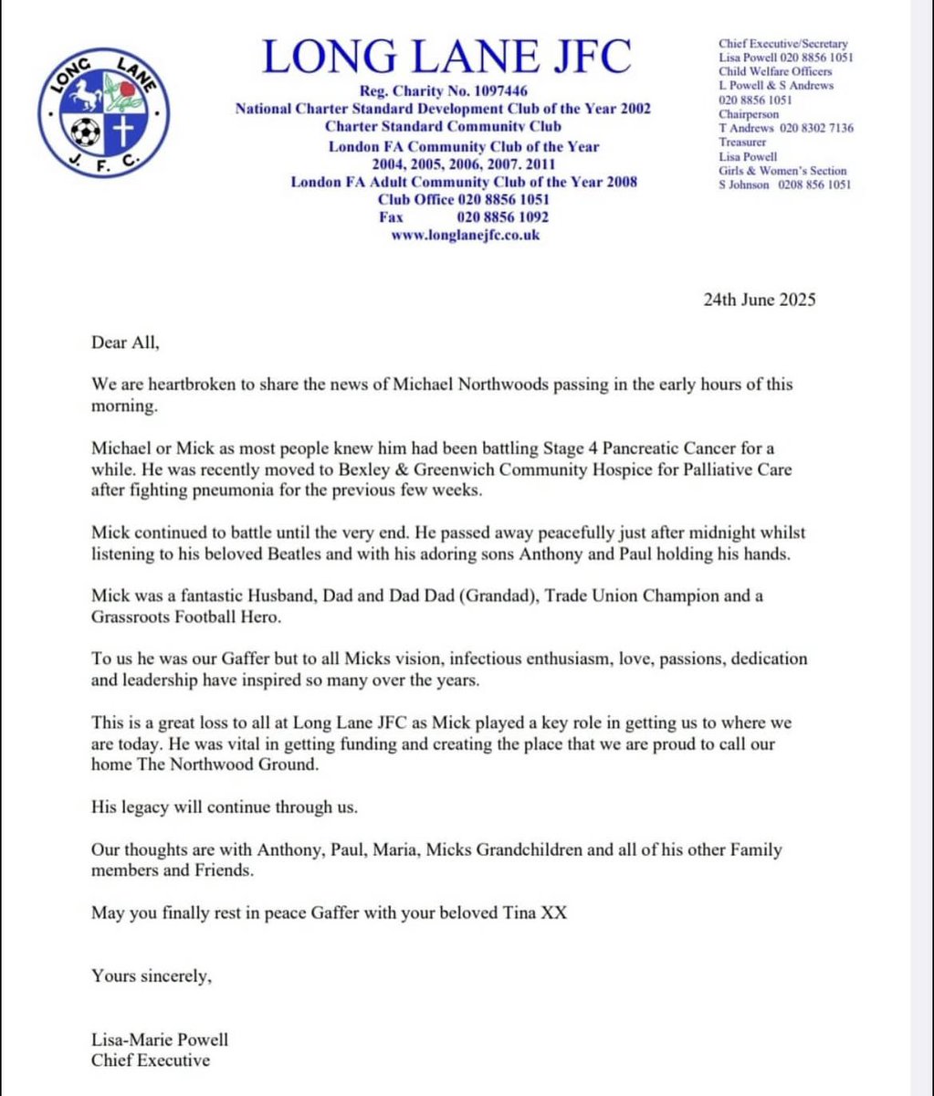 True legend that is going too be missed by so many.
Mick has helped provide football for thousands including myself and his hard work will never be matched. 
You are now back with your lovely wife Tina. 
Such sad news truly heartbreaking. 
RIP Mr <a href="/longlanejfc/">Longlanejfc</a> Mick Northwood 
💙🖤