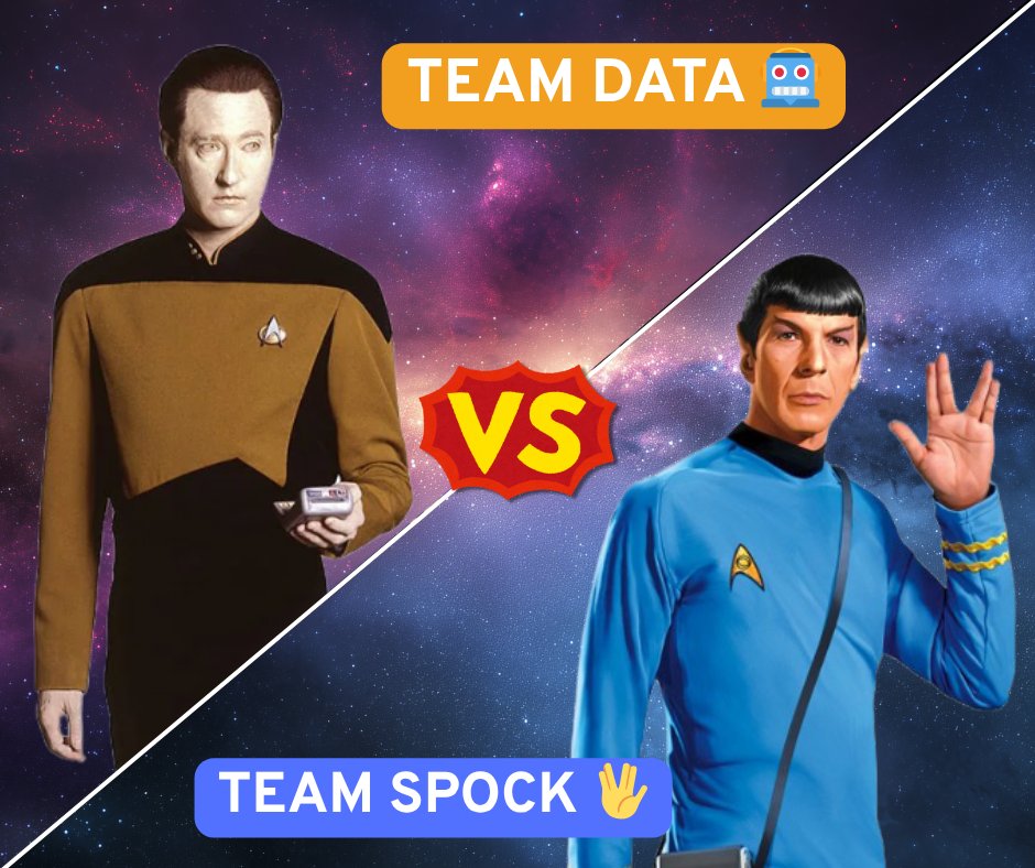 SCI-FI SHOWDOWN: Spock vs Data
Two of the most brilliant minds in Starfleet
🖖Team Spock – Logic, legacy, &amp; iconic eyebrows
🤖Team Data – Intellect, strength, &amp; a dash of humanity

Pick a side! 
#SciFiShowdown #SpockVsData #StarTrekFans  #FederationFaceOff #WhichWouldYouChoose