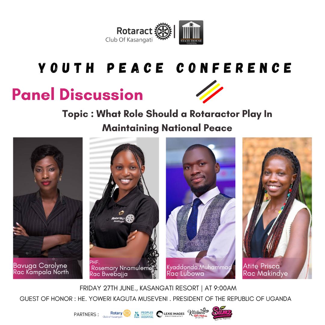 The Rotaract Club of Kasangati in Partnership with State House Uganda

Invite you to the YOUTH PEACE CONFERENCE Set to happen on the Friday 27th June 2025 at Kasangati Resort Center at 9:00am 
Click to Register 

👇🏽👇🏽👇🏽👇🏽👇🏽👇🏽

forms.gle/CqtrVvnunLqcPA…