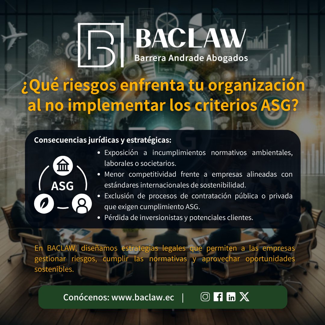 ⚠️ Omitir criterios ASG (ESG) genera riesgos legales, pérdida de competitividad y exclusión de contrataciones.
En BACLAW, te ayudamos a cumplir normativas y aprovechar oportunidades sostenibles.
#ESG #ASG #Sostenibilidad #BACLAW #LegalParaElCambio