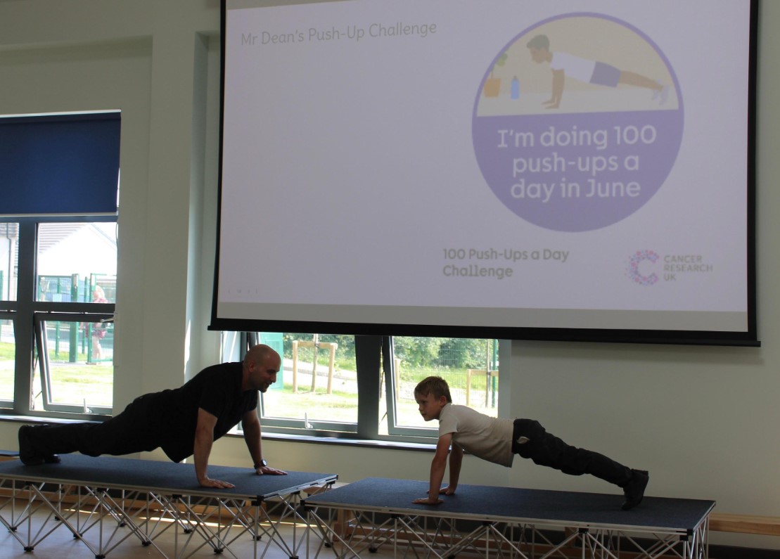 athenalearning_'s tweet photo. Launceston Primary’s Assembly Push-Up Challenge! 
Pupils &amp; staff joined Mr Dean’s 100-a-day push-up challenge for Cancer Research UK, showing huge spirit, teamwork &amp; determination. https://t.co/rhgcFJo29E