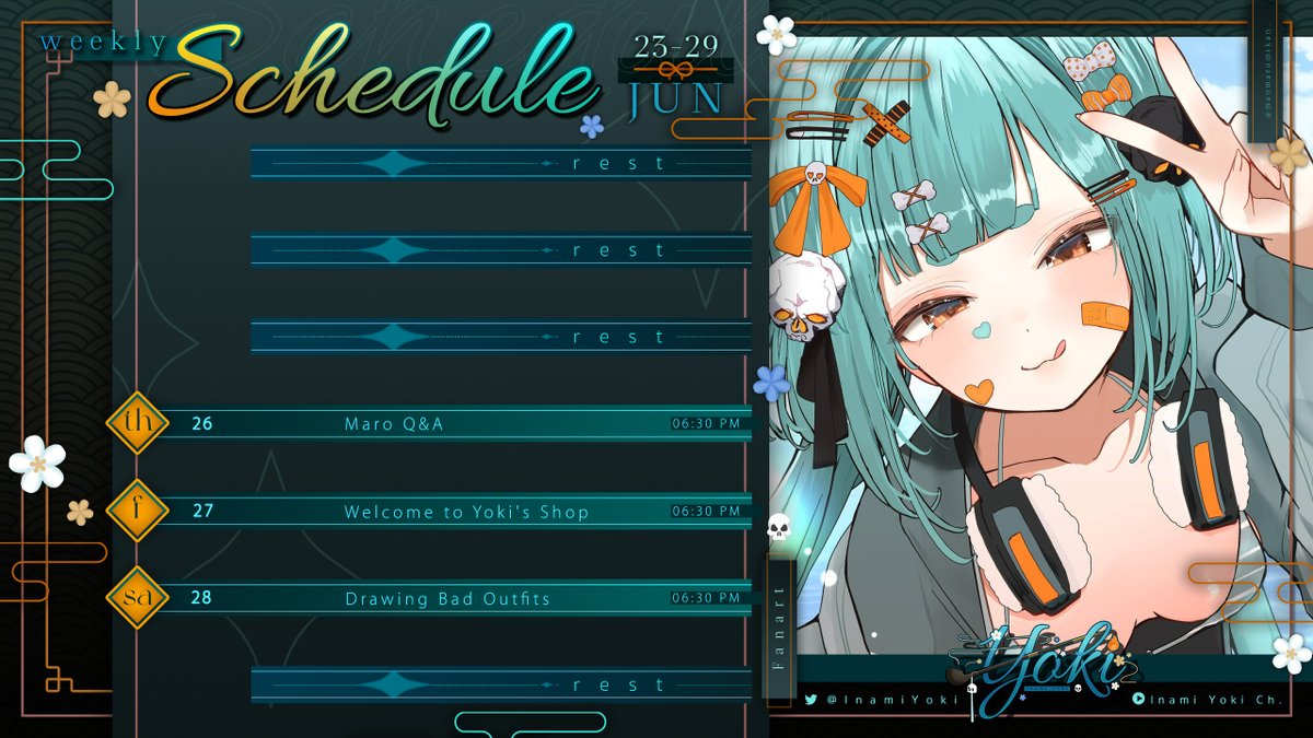 InamiYoki's tweet photo. 【🏮 SCHEDULE 🏮】
📅» All times in EST
---
✒️» #manmarumikan_
Join the discord~:
🔗: https://t.co/cXl4hHs7Lw
#YokiLIVE https://t.co/h89DHDntxT
