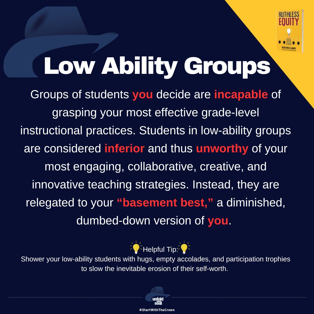 If you're still using “low ability groups,” this one’s for you.
What you believe about your students shows up in your instruction, and when the bar is lowered, so is their sense of worth.
#RuthlessEquity