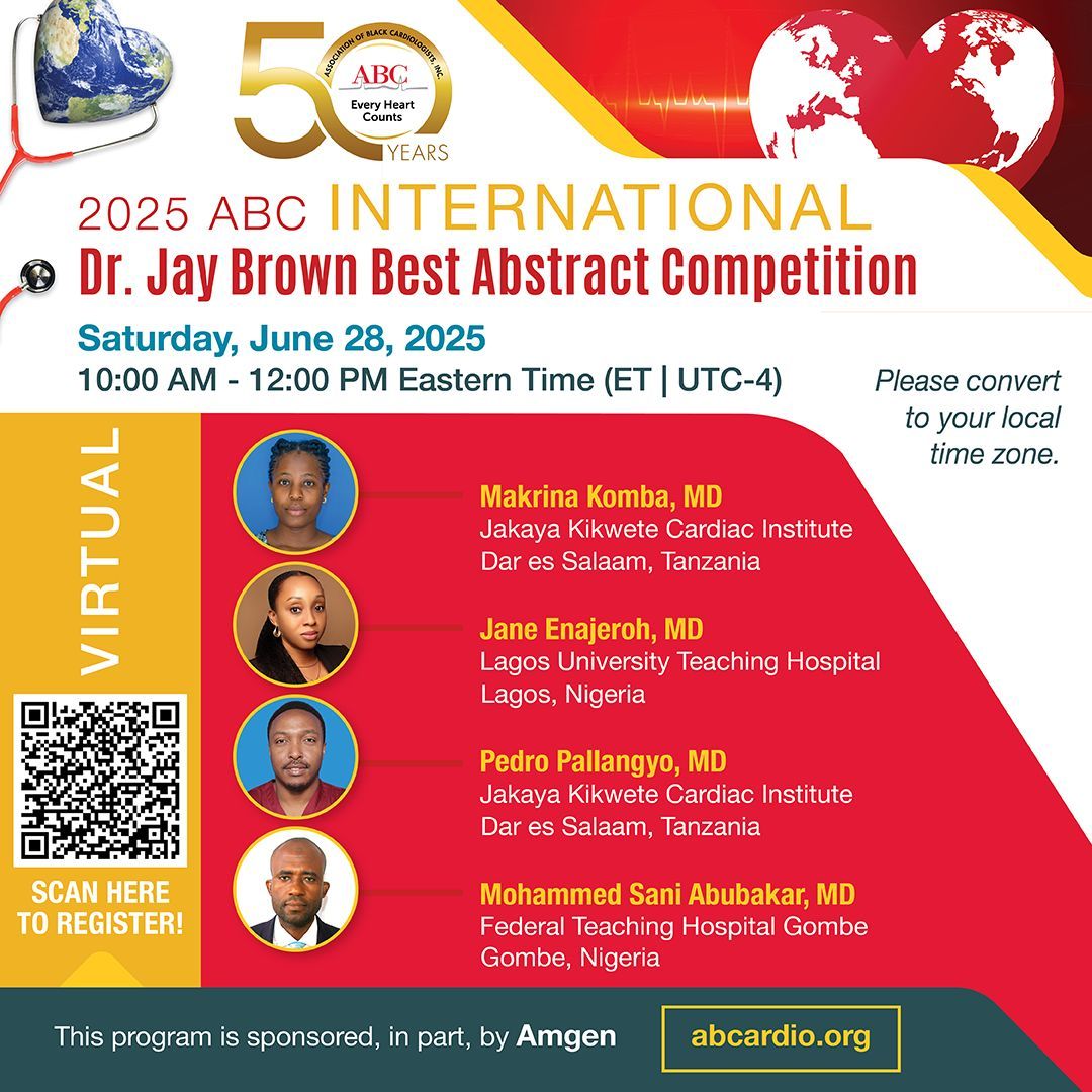 Virtual Event 

Hear from an incredible lineup of young physician-researchers from Tanzania and Nigeria sharing innovative solutions for advancing heart health around the world. 
Register now: Scan the QR code or visit abcardio.org