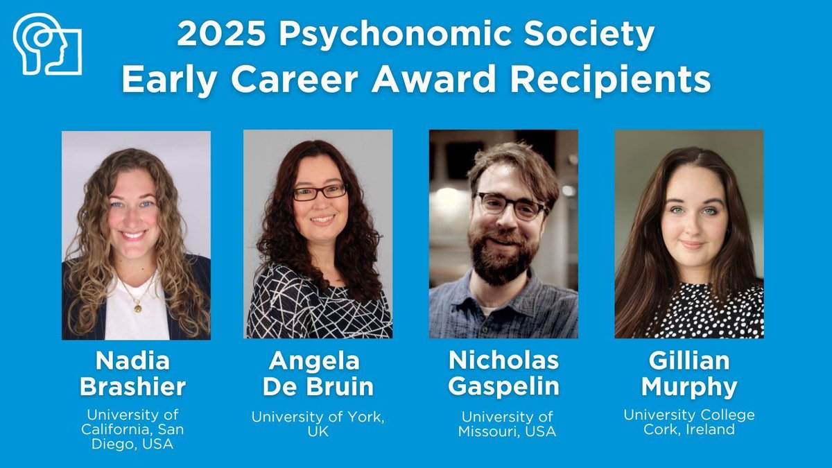 Psychonomic_Soc's tweet image. It is our pleasure to announce the 2025 Early Career Award recipients! These awards are given in recognition of scientists who have made significant contributions to the field of cognitive psychology early in their careers. bit.ly/3HTjCVi @angela_debruin @YorkPsychology…
